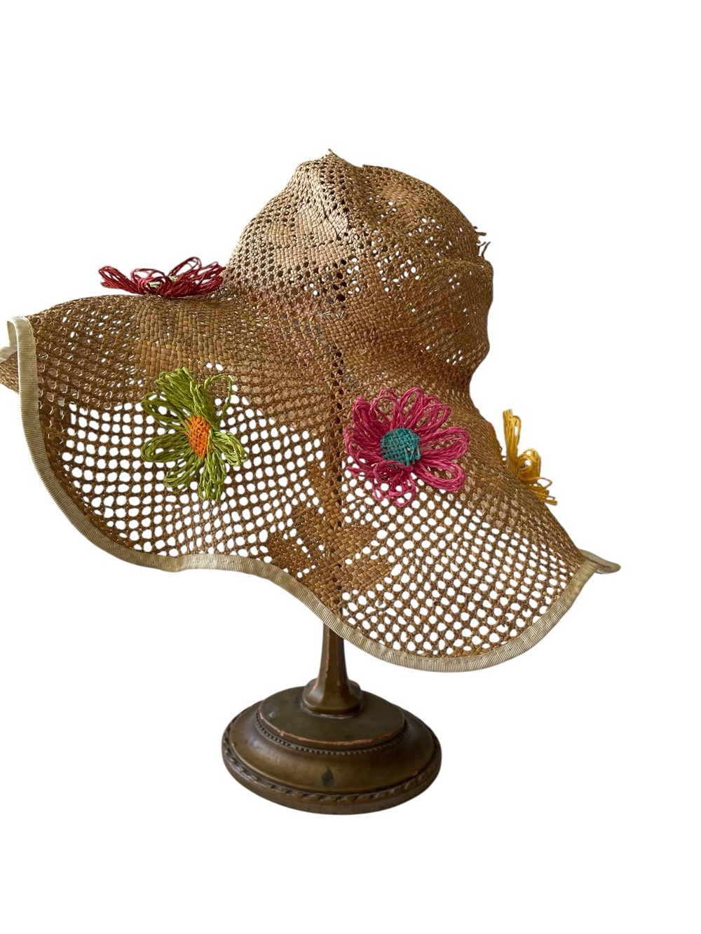 Vintage Alexanders Made In Italy Woven Straw Sun Hat Crochet Flower Wide Brim